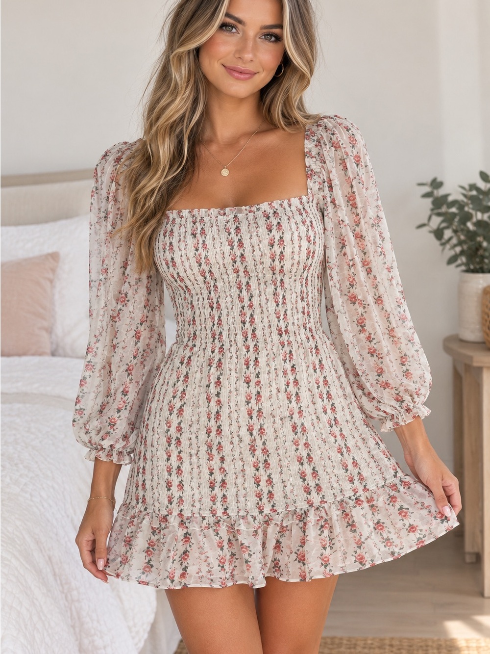 Aura Cream Floral Smocked Midi Dress with Puff Sleeves